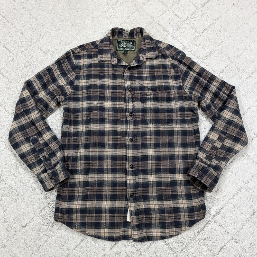 Roots Shirt Men's S Blue Green Plaid Manning Flannel Organic Cotton Button Up